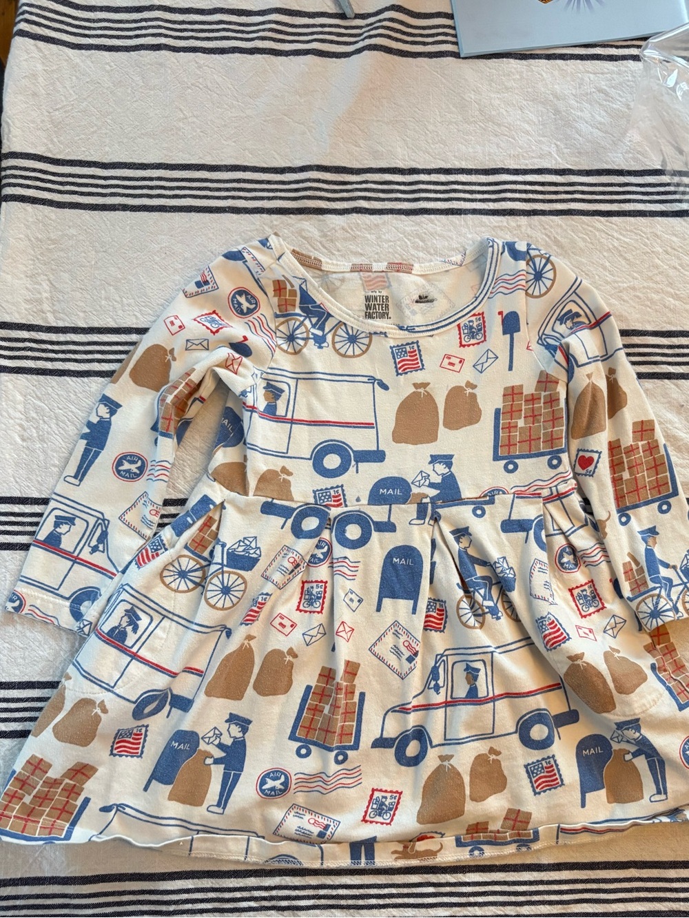 Kids Mail Carrier Print Long-Sleeve Dress in Cream, Blue & Tan
